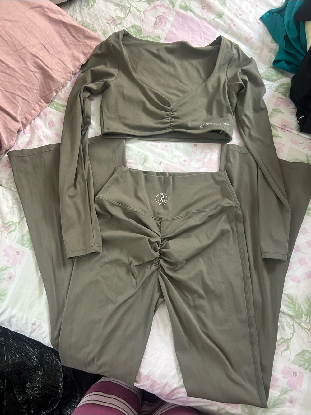 Allure Olive Green Ruched Leggings and Long Sleeve Crop Top Set